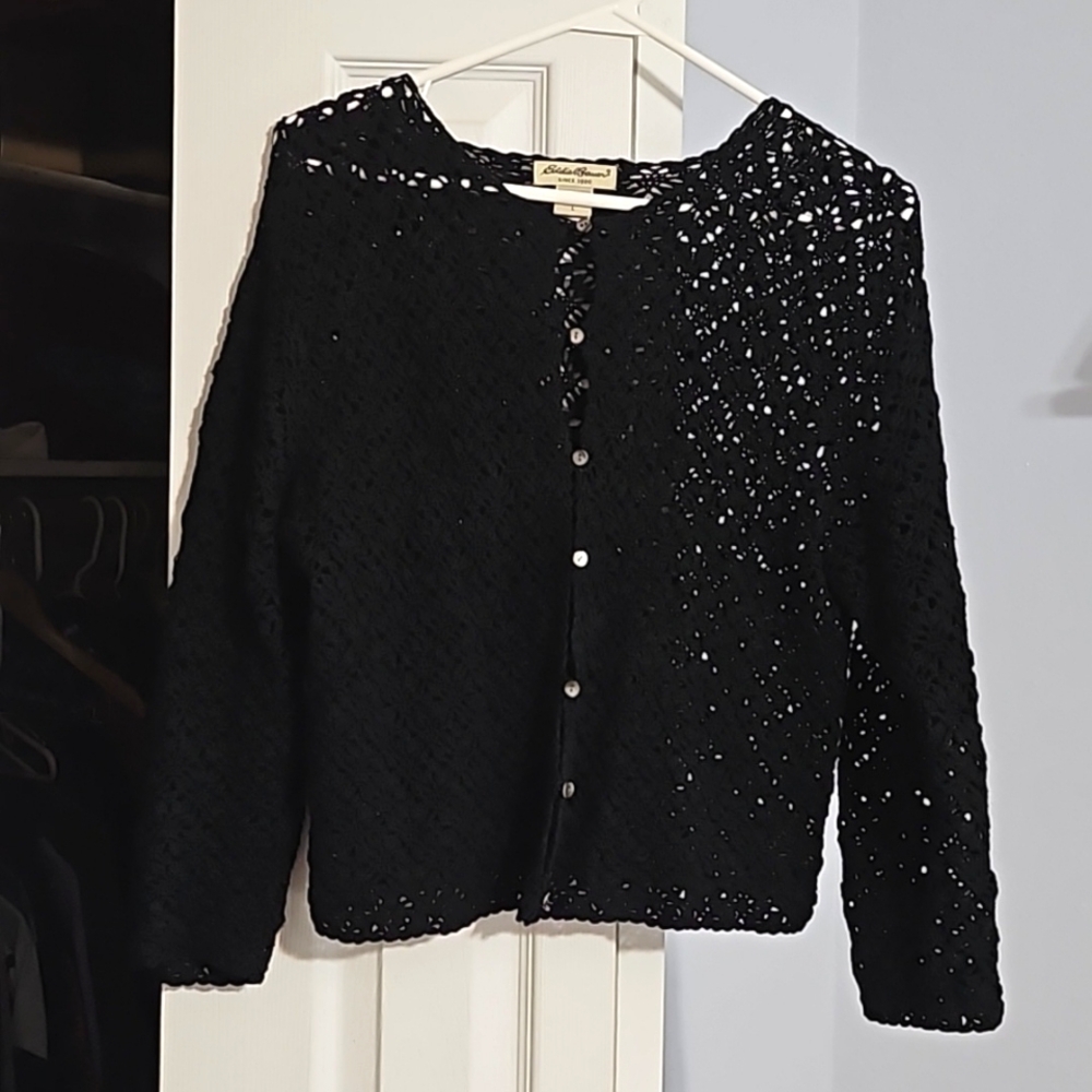 Eddie Bauer Cropped black, crocheted button-down cardigan, size Large